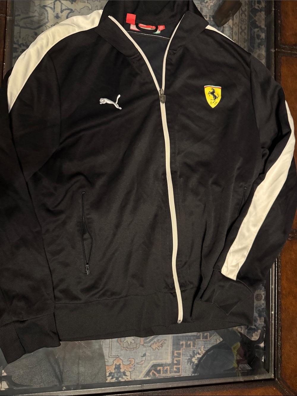 Scuderia Ferrari PUMA Black Track Jacket with White Stripe and Yellow Shield